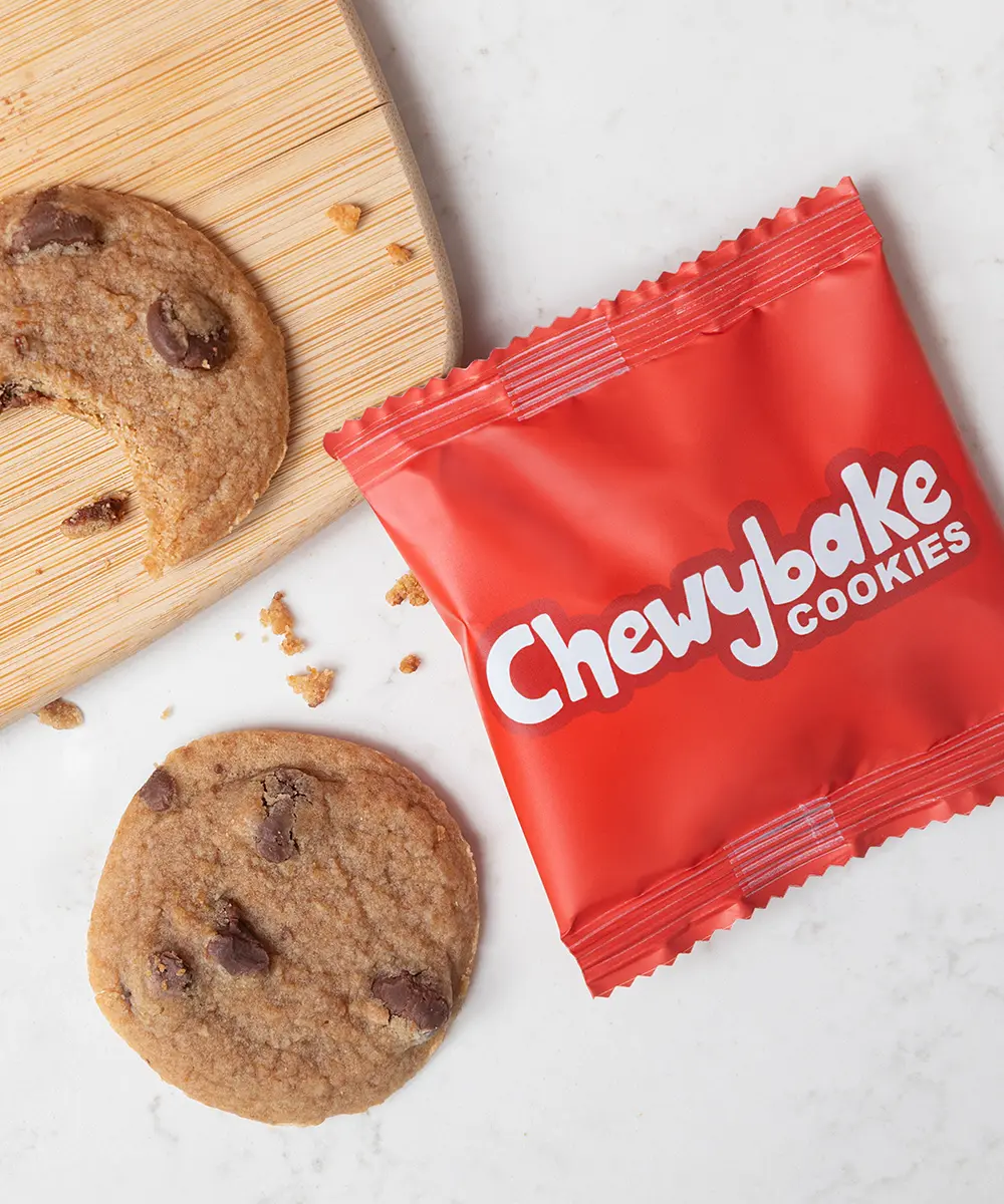 Chewybake Chocolate Chip Cookies individually wrapped and showing cookies